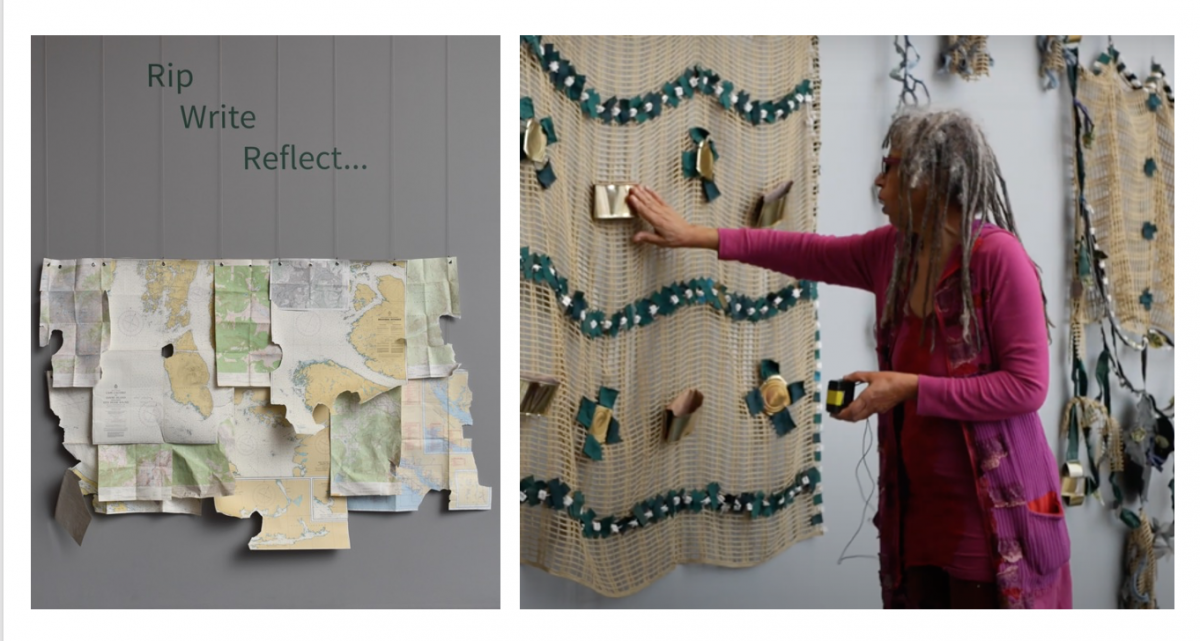 Artist Marita Dingus with her installation for Rip, Write, Reflect. Photos: Whatcom Museum